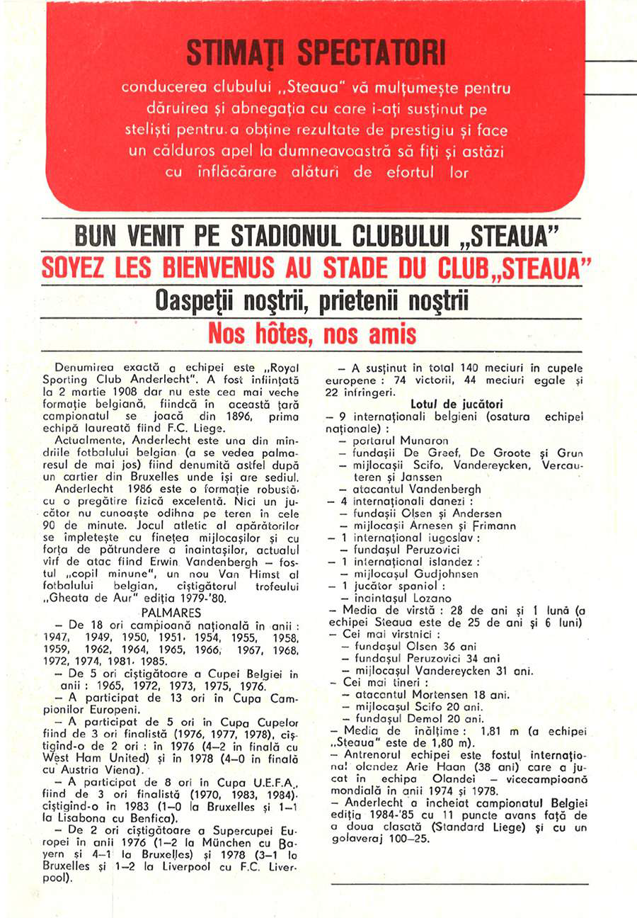 Pagină din programul meciului Steaua – Anderlecht 4